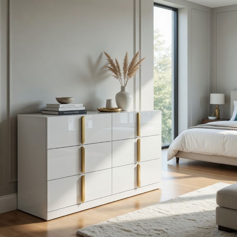 Orion Wide Dresser with 6 Drawers, Gold Handles, Glossy White Wood image number 8