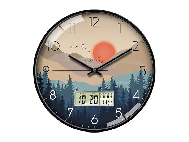 Wilderness Sunset LCD Date Day Temp Wall Clock 12 Inch Silent Non Ticking image number 0