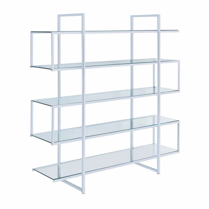 Bookcase with 5 Tempered Glass Shelves and Electroplated Frame, Chrome - Benzara