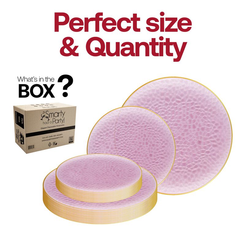 Clear Pink with Gold Rim Hammered Glass Plastic Dinnerware Value Set (60 Sets) image number 4