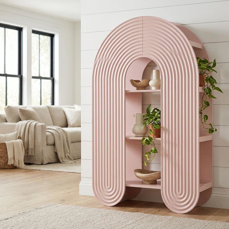 Red arched bookshelf with spacious shelves and nylon accents image number 4