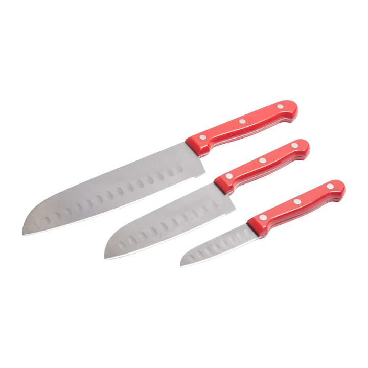 3 pc. Cutlery Santoku Knife Set with Red Handles