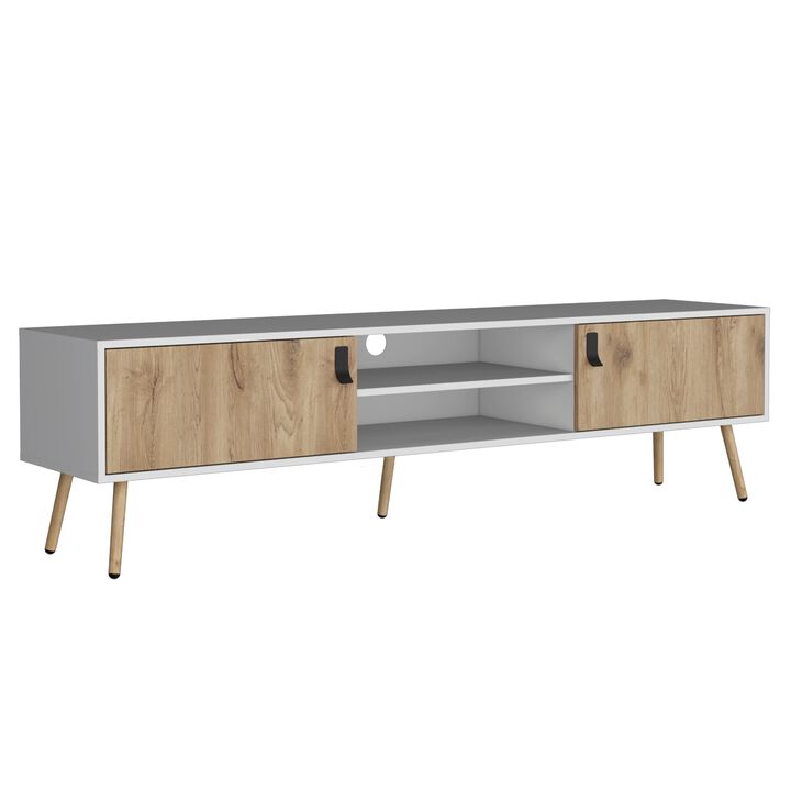 Toka TV Rack with 2 Hinged Doors and Central Shelves, White/Macadamia