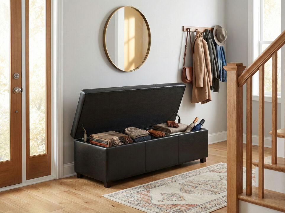 Avalon 54 inch Wide Contemporary Rectangle Extra Large Storage Ottoman Bench in Midnight Black Vegan Faux Leather, Assembled
