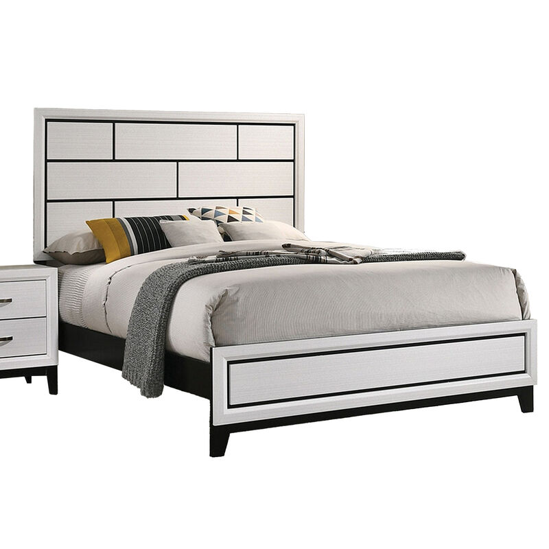 Erica King Size Bed, White and Black Wood Finish, Panel Style Headboard - Benzara
