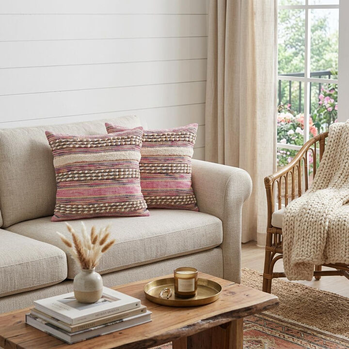 HomeRoots Set of Two Pink Striped Cotton Throw Pillows With Fringe