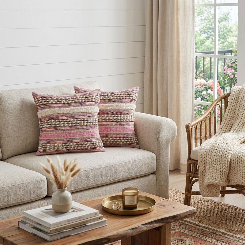 HomeRoots Set of Two Pink Striped Cotton Throw Pillows With Fringe image number 1
