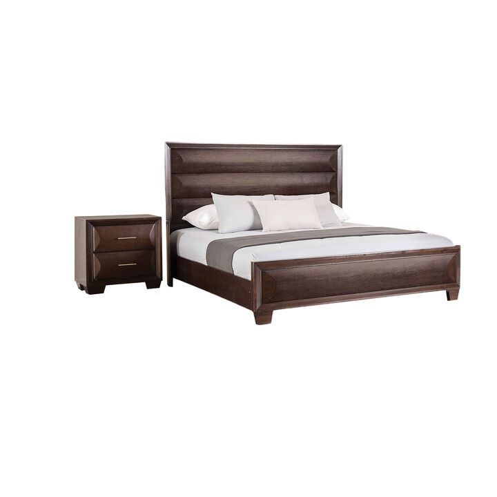 2pc King Bedroom Set, Espresso Brown, Gold Wood, Nightstand