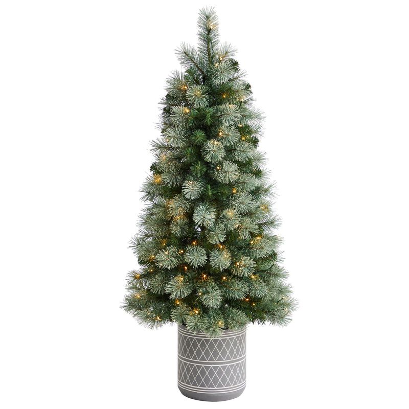 Nearly Natural 4.5-ft Nova Scotia Pine Artificial Christmas Tree in Engraved Geometric Stone Planter with 232 Bendable Branches and 120 Warm White LED Lights