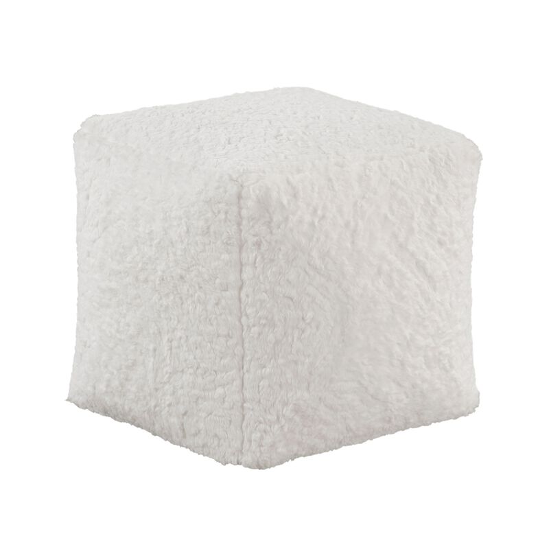 Modern Pouf Ottoman, Plush Off White Faux Fur Texture, 16 Inch Square
