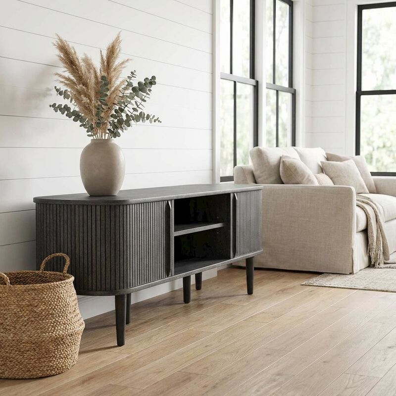 Gray wood TV stand with sleek design and sturdy construction image number 3
