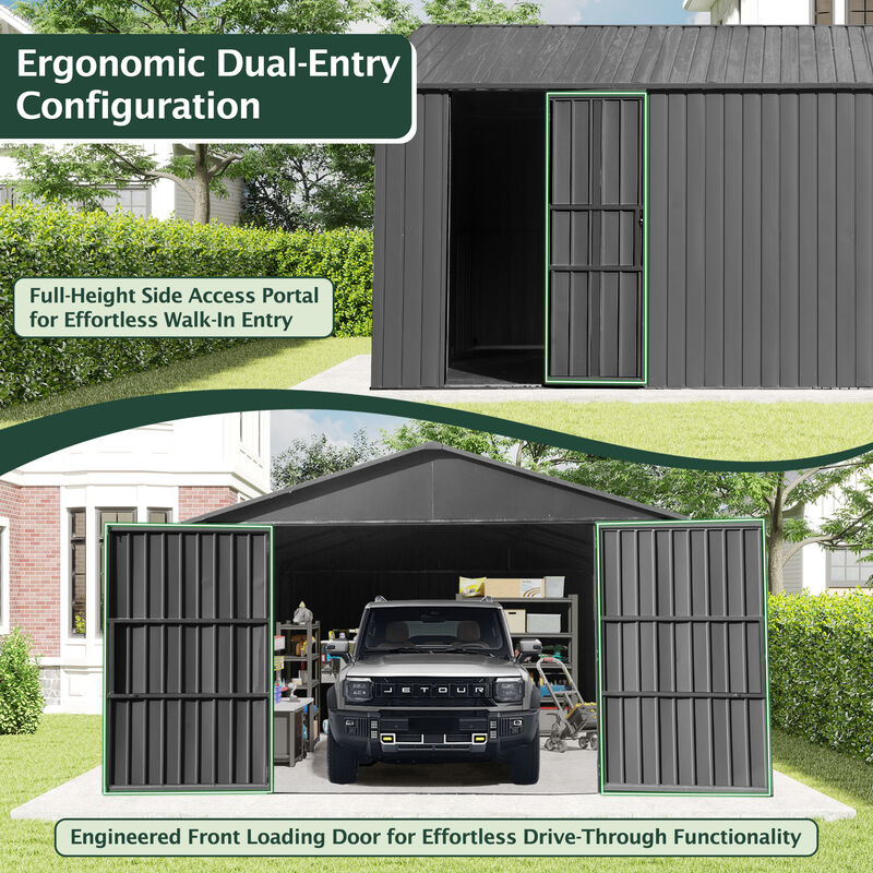 Mondawe 12x15FT Outdoor Metal Garage Shed, Extra Large Metal Carport with Lockable Double Hinged Doors image number 4