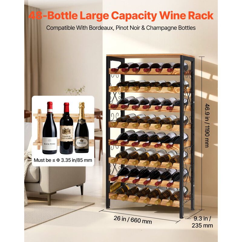 Floor Wine Storage Rack with Wood Top Holds 48 Bottles, 8 Tier Design image number 2