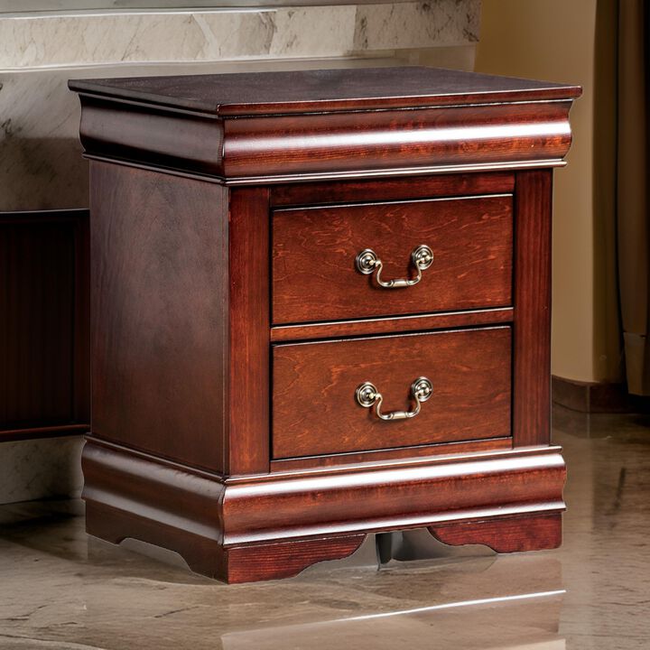 Ryla Nightstand, 2 Drawers, Cherry Brown Solid Wood, Bronze Drop Handles