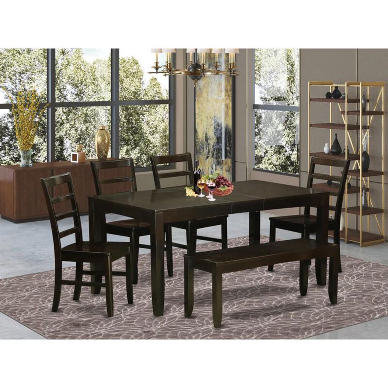 6 Pc Dining room set with bench-Table with Leaf and 4 Dining Chairs plus Bench