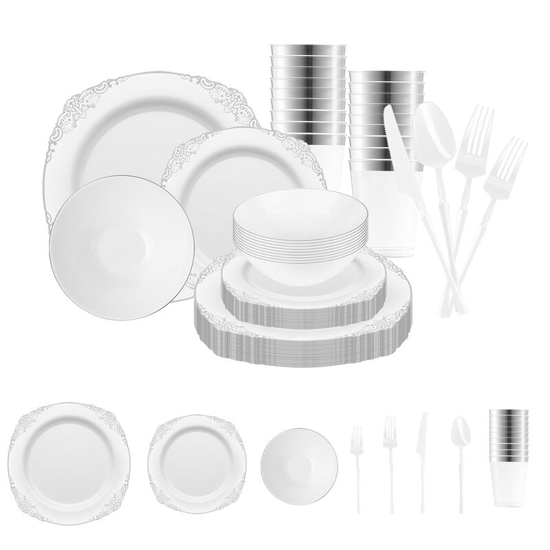 White with Silver Fancy Round Plastic Tableware Set (120 Sets) image number 0