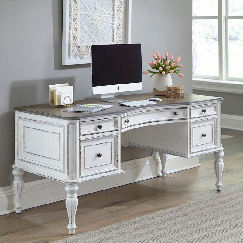 Liberty Furniture Writing Desk with 5 Drawers European Home Office - Antique White & Bark Oak Wood image number 2