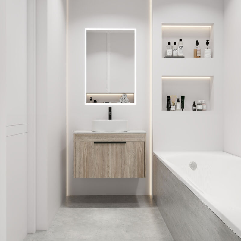 30 " Modern Design Float Bathroom Vanity With Ceramic Basin Set, Wall Mounted White Oak Vanity With Soft Close Door, KD-Packing, KD-Packing,2 Pieces Parcel(TOP-BAB400MOWH)