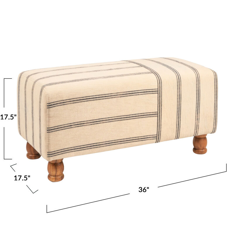 Rectangular Cotton Ticking Stripe and Acacia Wood Ottoman Bench image number 2