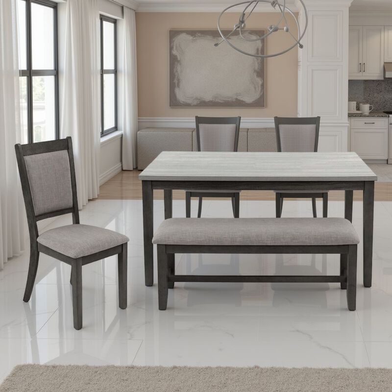 6pc Dining Table 4 Chairs and Bench Set, Gray and Black Rubberwood image number 1