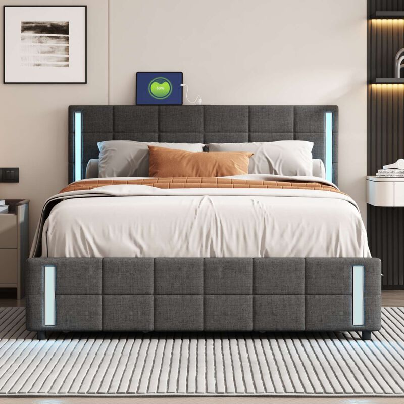Merax Upholstered Platform Bed with LED Lights and USB Charging, Storage Bed with 4 Drawers image number 3
