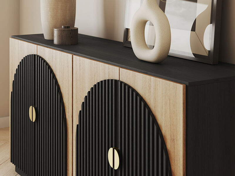 BELLEZE 65 Inch Fluted Buffet Cabinet with Storage, Symmetrical Arc Accent Sideboard Large Console Table for Dining Room, Kitchen, and Living Room (Camel)