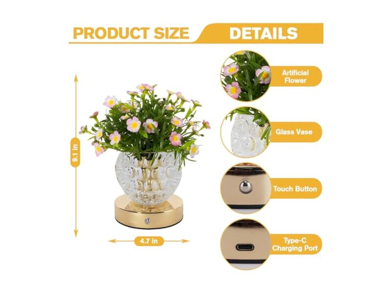 Rechargeable LED Table Lamp Night Light Pink Flower 3 Touch Dimming image number 2