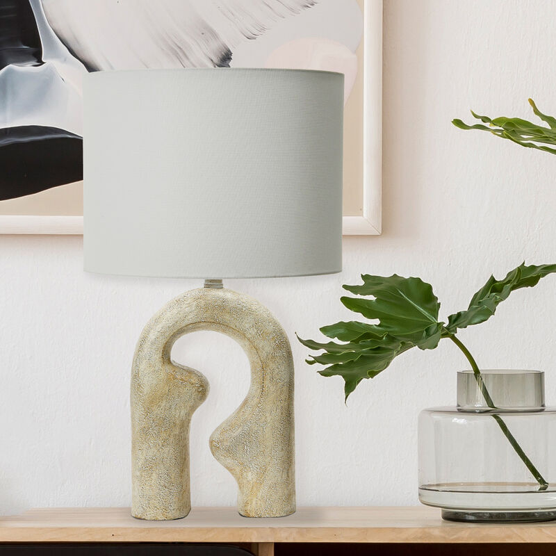 Abstract Resin Table Lamp with Linen Drum Shade, Distressed Natural image number 1