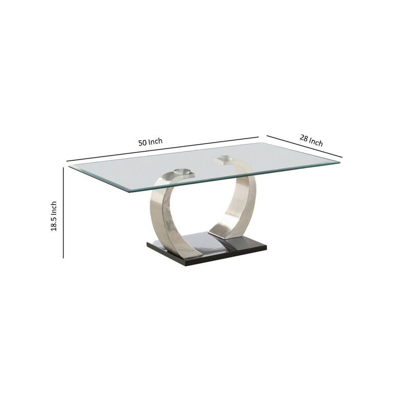 Floating Glass Top Coffee Table with Metal Support, Clear and Silver-Benzara