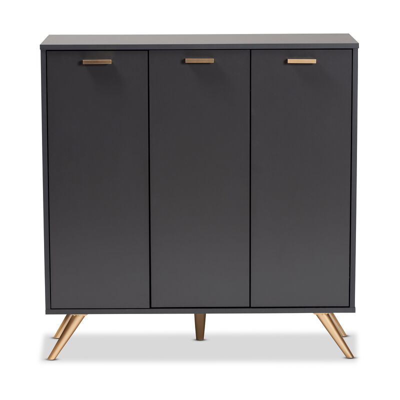 Baxton Studio Kelson Modern Dark Grey and Gold Finished Wood 3 Door Shoe Cabinet
