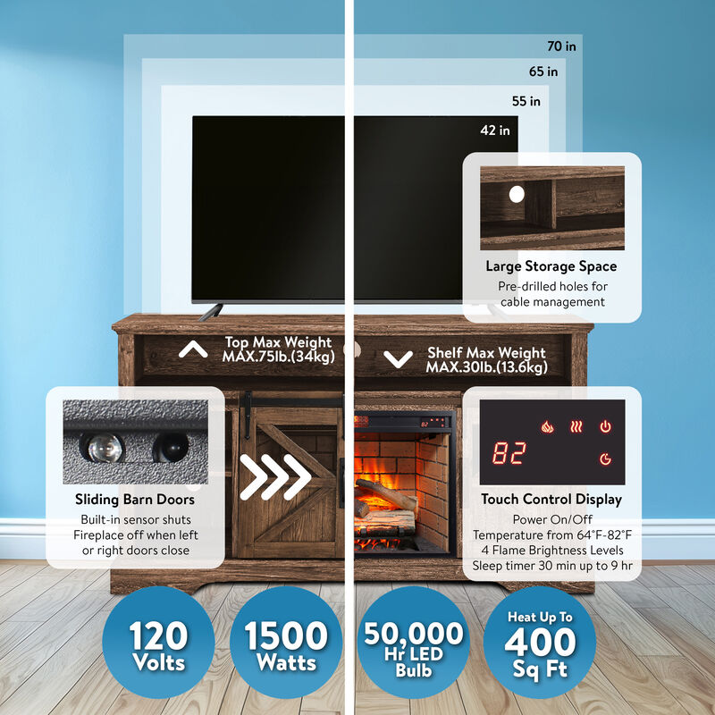 60 Inch Electric Fireplace Entertainment Center With Door Sensor image number 5