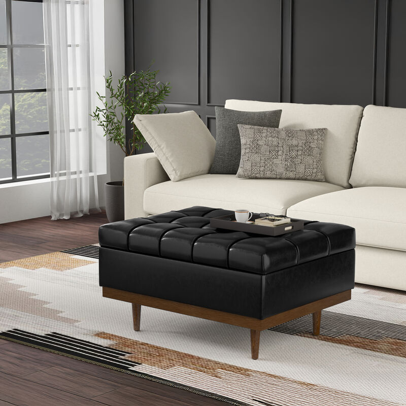 Mariah 34 inch Wide Contemporary Rectangle Coffee Table Storage Ottoman in Midnight Black  PU Black faux leather, Assembled image number 2
