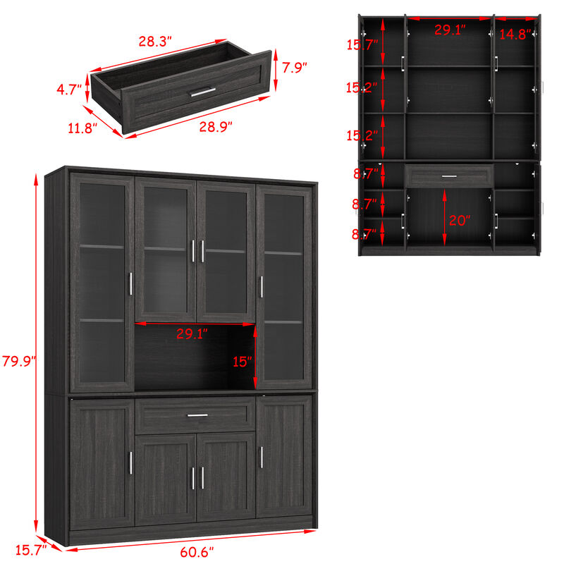 FUFU&GAGA Retro 8-Door Cabinet with a Drawer, Beveled Frame & Angled Panel Design, Glass & Wood Grain Finish, Brushed Metal Handles (60.6 in. W x 15.7 in. D x 79.9 in. H), Dark Brown