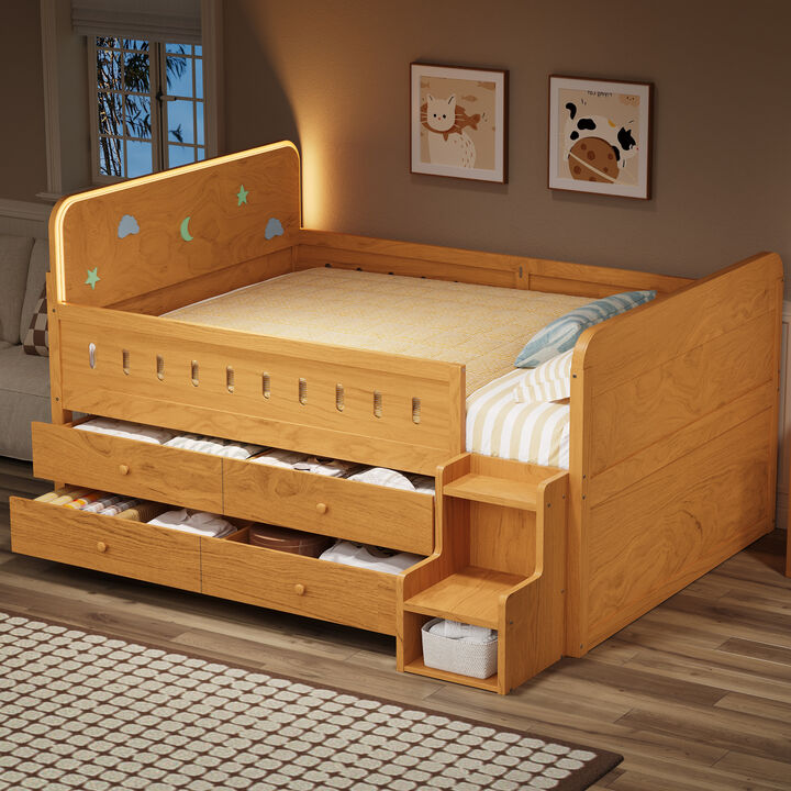 Merax Full-Size Wooden Kids Bunk Bed with Built-In LED Headboard 4 Under-Bed Storage Drawers
