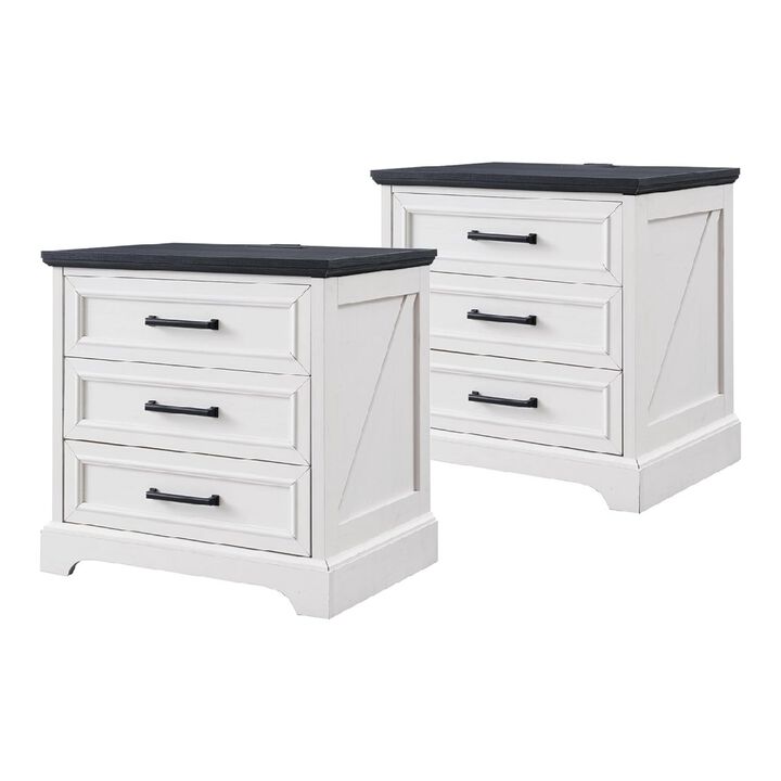 Farmhouse Nightstand Set of 2 with Charging Station, 22 Inch Wide End Table with 3 Large Drawers & Bar Handles, Rustic Wood Small Dresser, Off White