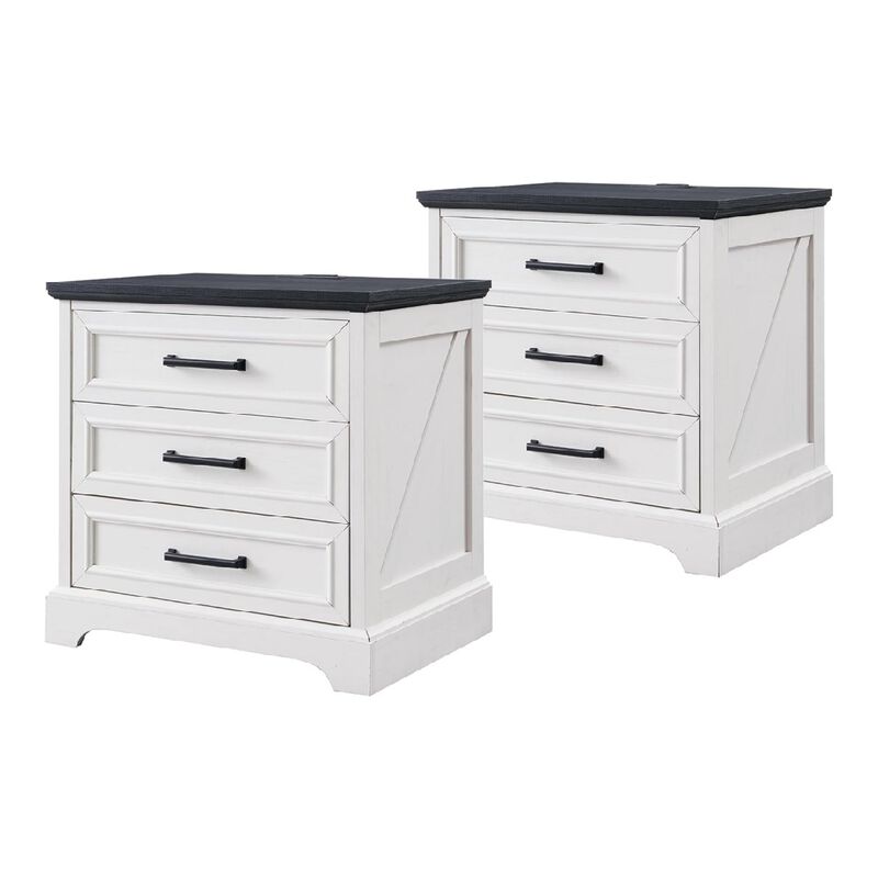 Farmhouse Nightstand Set of 2 with Charging Station, 22 Inch Wide End Table with 3 Large Drawers & Bar Handles, Rustic Wood Small Dresser, Off White image number 0