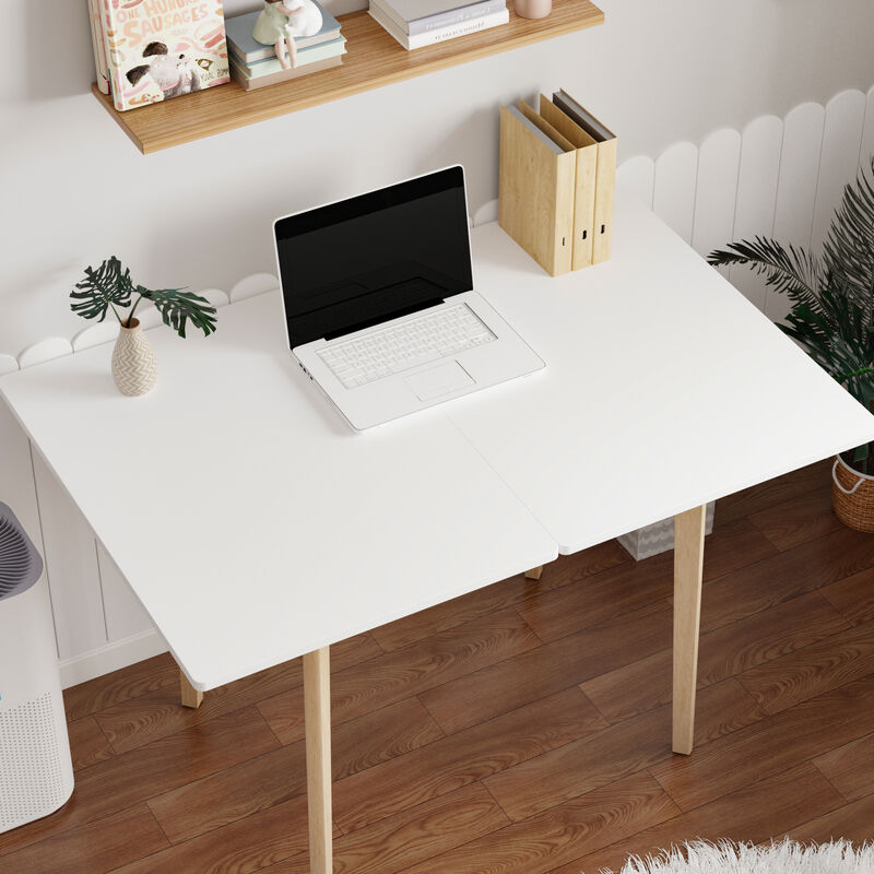 FUFU&GAGA Expandable Office Desk, Modern Folding Desk with Eco-Friendly Rubberwood Legs, (47.2" L x 31.5" W x 29.3" H) ,White