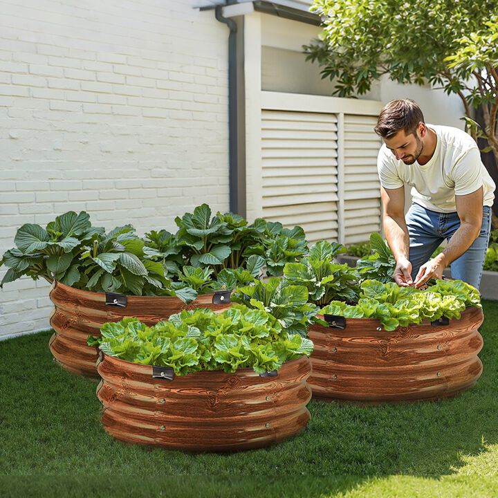 Metal Raised Garden Bed Set of 3 Open Bottom Planter Boxes for Vegetables Wood Grain-Wood Grain Color