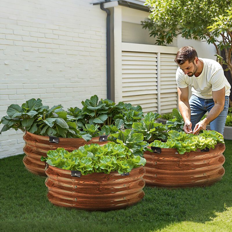 Metal Raised Garden Bed Set of 3 Open Bottom Planter Boxes for Vegetables Wood Grain-Wood Grain Color image number 1