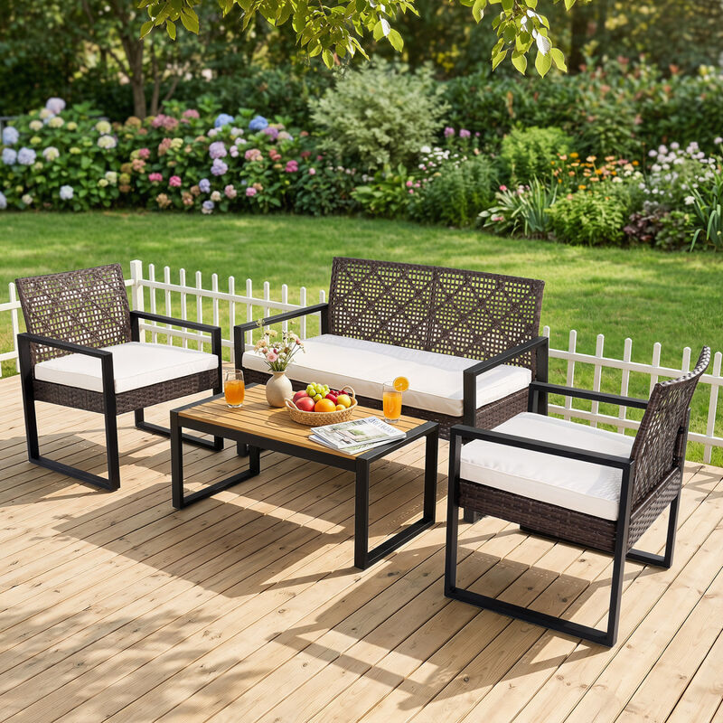 4-Piece Backyard Patio Furniture Set with Acacia Table and Wicker Chairs image number 5