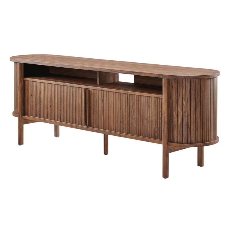 Curved TV Stand in Brown, Rubberwood Solids, Walnut Veneers, Stylish Storage image number 0