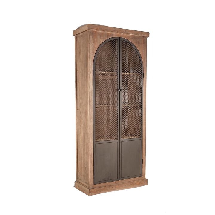Ary Curio Cabinet, Arch Iron Mesh Door, 93 Inch Tall, Brown Pine Wood