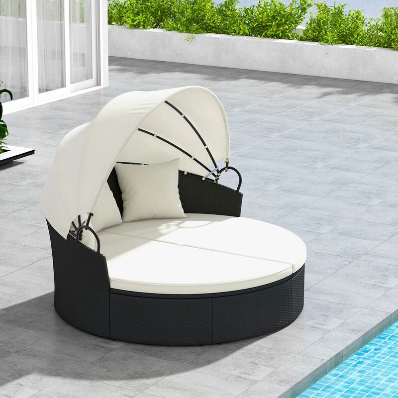 Mondawe Clamshell Patio Round Daybed Wicker with Retractable Canopy and Pillows