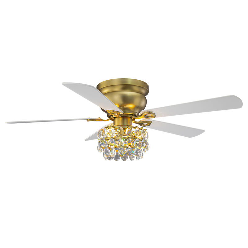 48 in. Soft Brass Crystal Flush Mount Hugger Ceiling Fan with Light and Remote