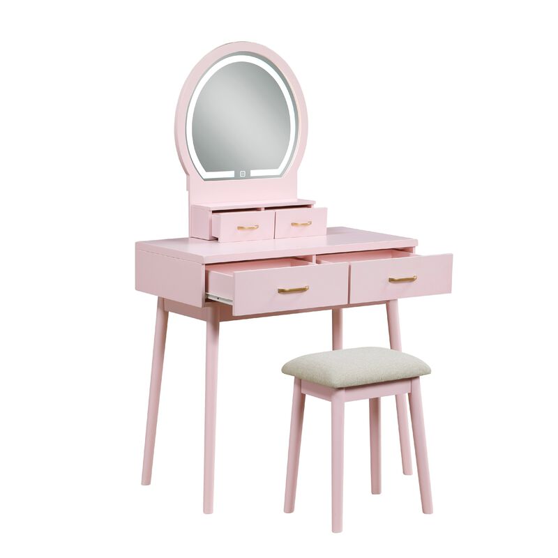 Anvy Vanity Desk Set with Mirror and Stool, 4 Drawers, Pink Wood