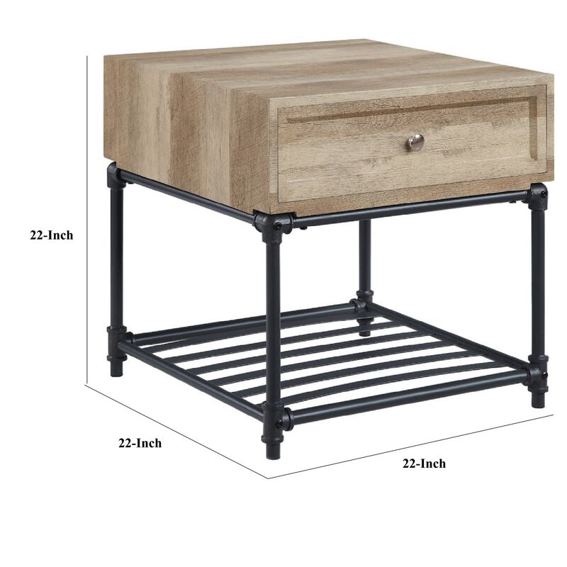 Ley 22 Inch End Table, 1 Drawer, Industrial Design, Slatted Shelf, Oak-Benzara