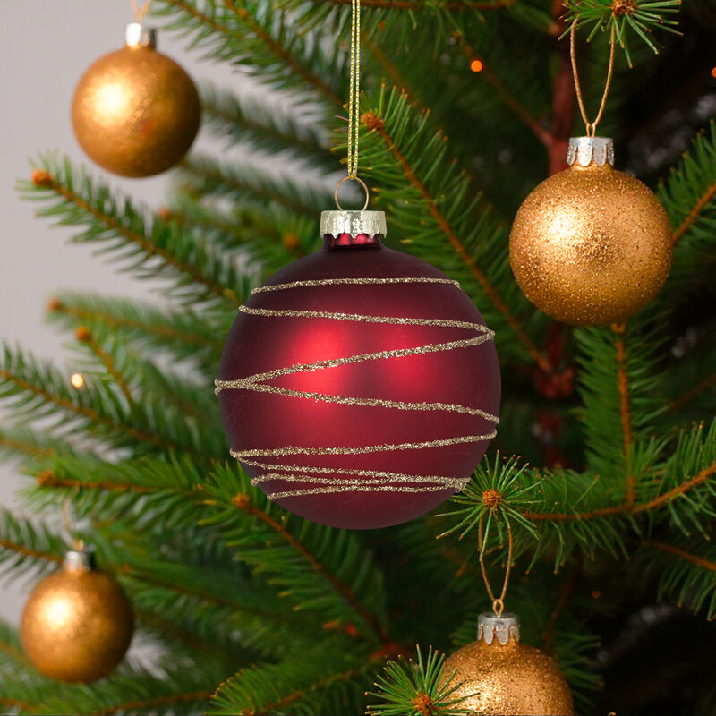 Glittered Golden Stripes Christmas Glass Ball Ornaments - 3" (75mm) - Red and Green - 4ct image number 3