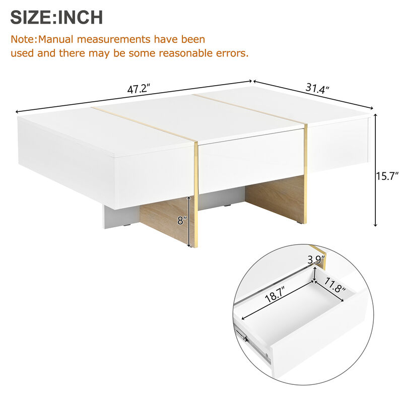 Clihome 47.2'' x 31.4''Minimalist High Gloss Coffee Table with 2 Drawers, Multi-Storage Rectangle Sofa Table with Golden Wood Grain Legs, Modern Center Table for Living Room