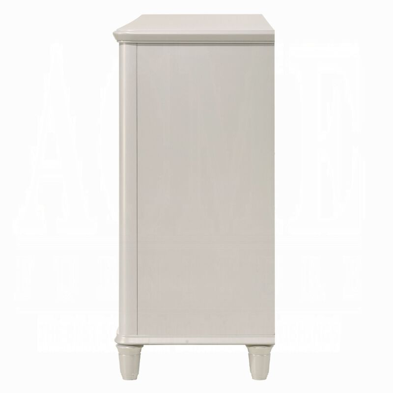 Veda Wide Dresser, Luxurious Pearl White Wood Finish, 6 Modern Drawers - Benzara