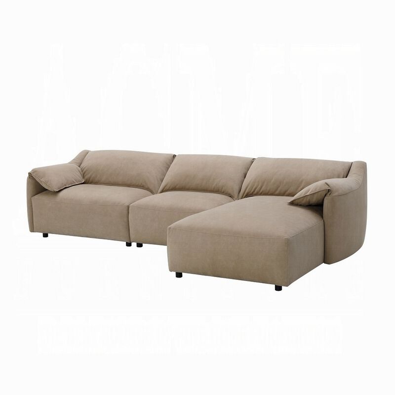 Vety L Shaped Sectional Sofa, Pillow Arm, Light Brown Nubuck Leather - Benzara